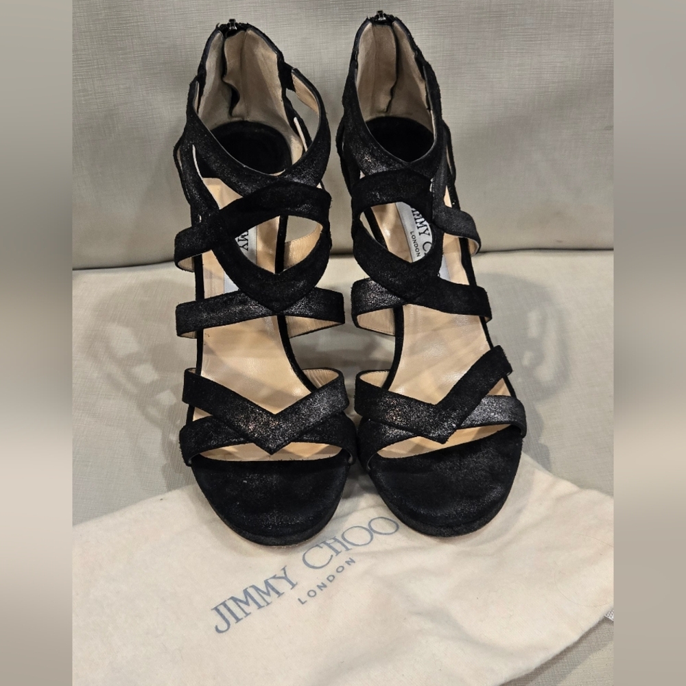 Jimmy Choo Black Suede Strappy Sandals with a Metallic Shimmer Finish